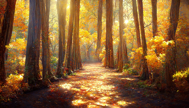 Spectacular autumn scene forest with road path. Digital art 3D illustration.